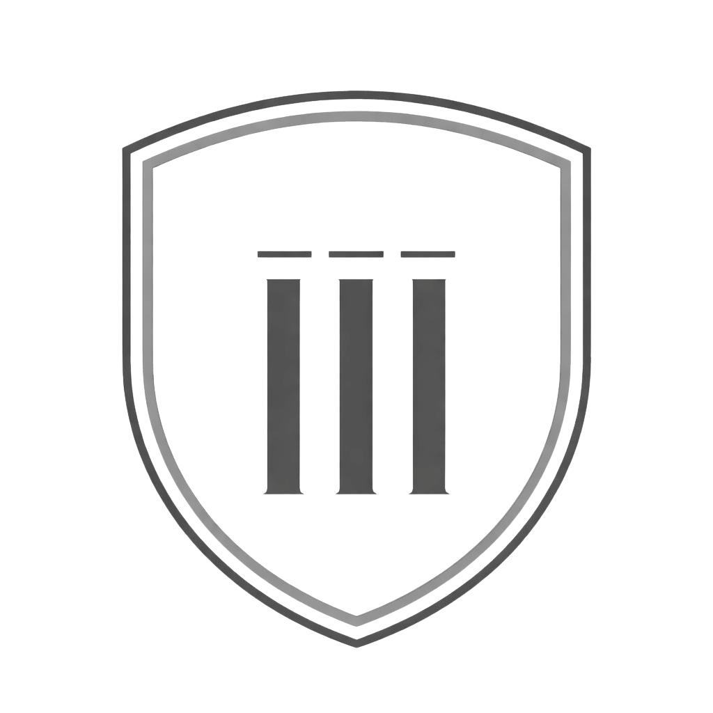 Minimal shield logo with triple vertical III bars, rendered in grayscale for luxury service branding