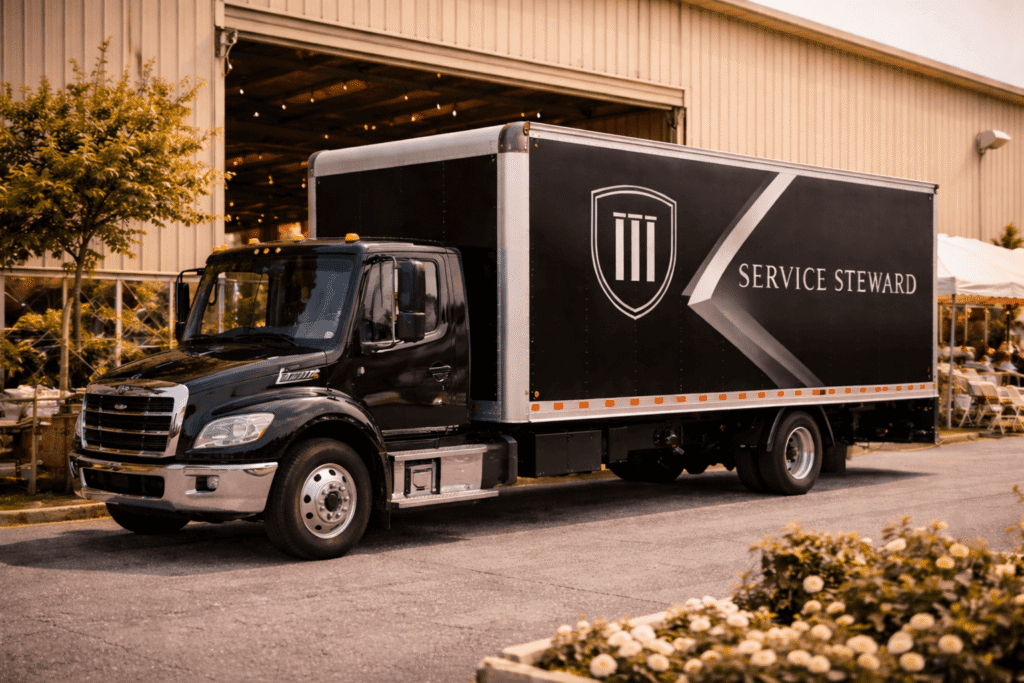 Black Service Steward box truck with shield logo parked at event venue, representing mobile event and tabletop service operations