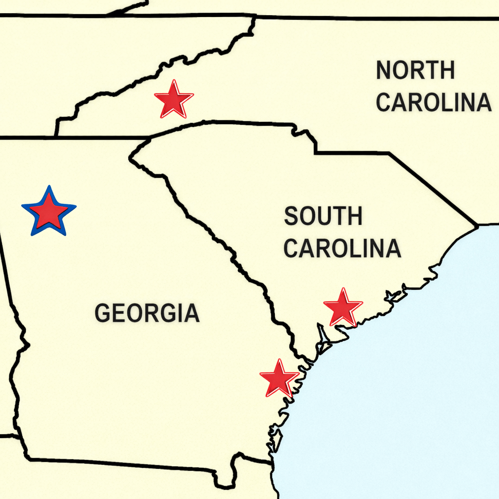 “Map of the southeastern United States showing Service Steward headquarters at Miami Circle in Atlanta, with regional outposts in Asheville, North Carolina; Charleston, South Carolina; and Savannah, Georgia.”
